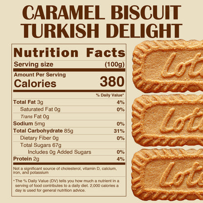 Three caramel biscuits embossed with Lotus are stacked on the right. On the left, Ceres Gourmet’s Turkish Delight Candy Oreo & Lotus flavor shows 380 calories, 3g fat, 85g carbs, 67g sugar, and 2g protein per 100g serving.