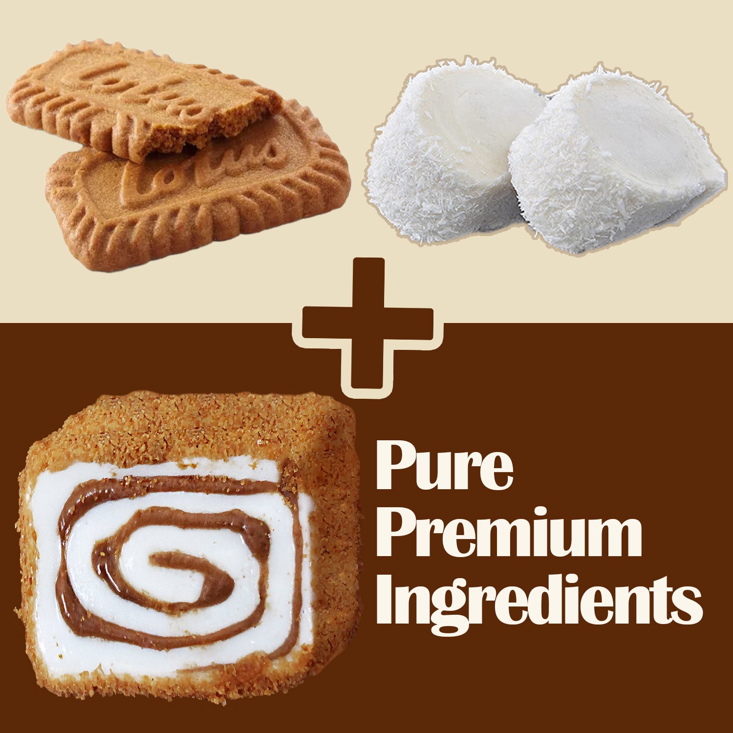 Three Lotus Biscoff cookies, two white coconut mochi pieces, and a cinnamon roll with icing are shown above “Pure Premium Ingredients”—an ideal match for Ceres Gourmet Turkish Delight Candy Authentic Sweets Lokum Oreo & Lotus Flavored.