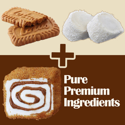Three Lotus Biscoff cookies, two white coconut mochi pieces, and a cinnamon roll with icing are shown above “Pure Premium Ingredients”—an ideal match for Ceres Gourmet Turkish Delight Candy Authentic Sweets Lokum Oreo & Lotus Flavored.