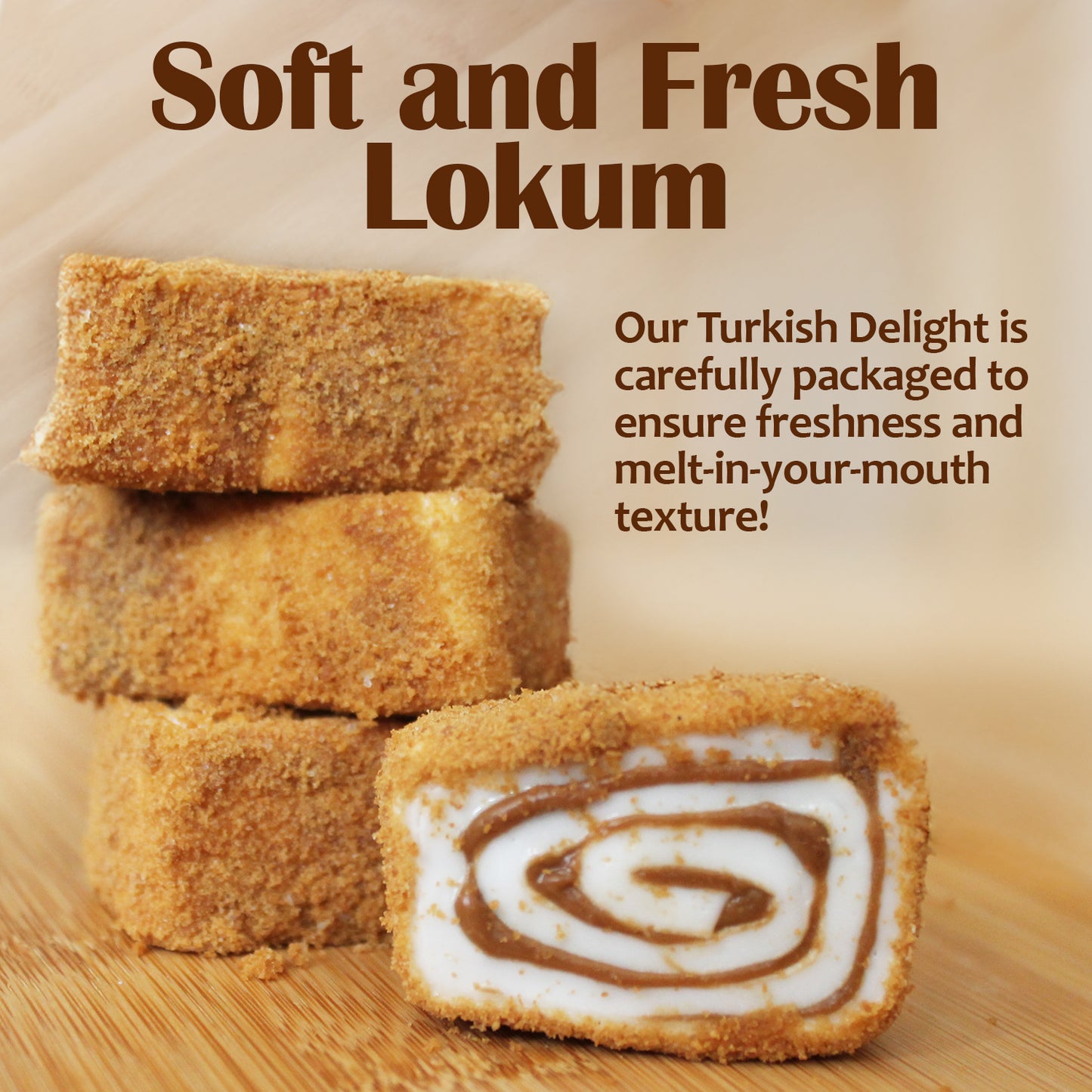 Four pieces of Ceres Gourmet Turkish Delight Candy are stacked, one revealing a white and brown spiral. The Oreo & Lotus flavors highlight this Lokums softness, freshness, and irresistible melt-in-your-mouth texture.