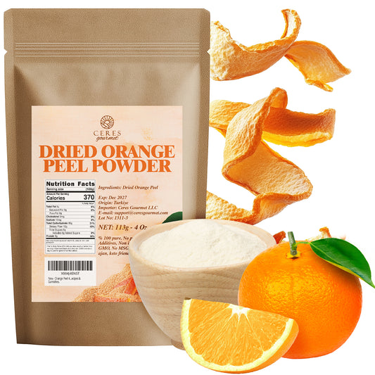A brown pouch labeled Ceres Gourmet Dried Orange Peel - 4 oz is shown with a wooden bowl of powder, an orange with a slice, and dried peels, emphasizing its use for tea, cooking, cocktails, and more. Nutritional facts appear on the pouch.
