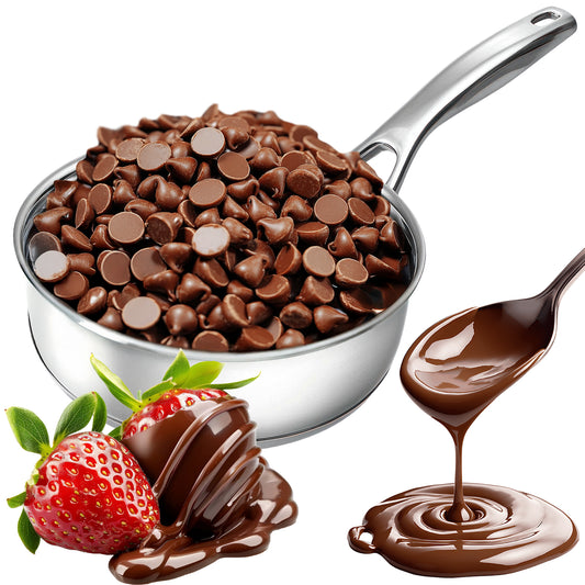 A saucepan with Ceres Gourmet Chocolate Drops – Milky, Dark and White (35 oz), a spoon dripping melted chocolate, and a fresh strawberry partially coated in chocolate sit beside another whole strawberry.