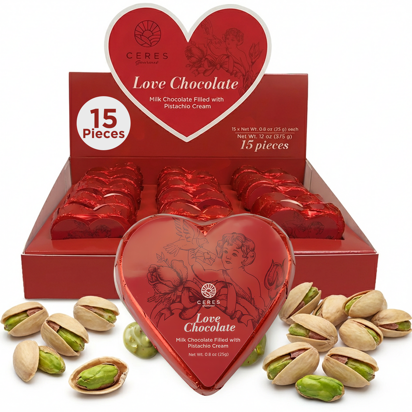 Ceres Gourmet Dubai Love Chocolate packaging with heart-shaped boxes and pistachios on a white background