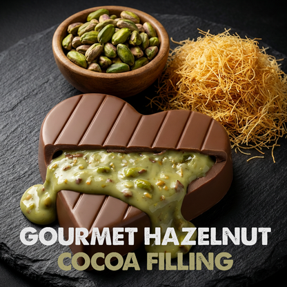 Chocolate bar with hazelnut filling on a dark surface, accompanied by a bowl of green nuts and gold leaf.