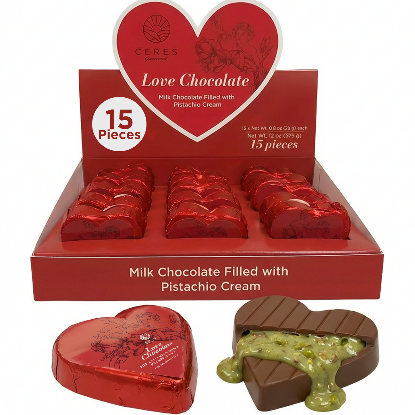 Ceres Gourmet Dubai Love Chocolate packaging with heart-shaped chocolates and pistachio cream filling.
