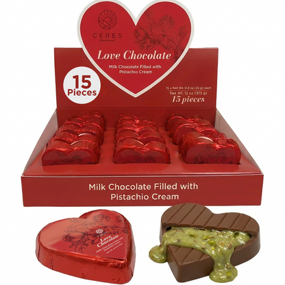 Ceres Gourmet Dubai Love Chocolate packaging with heart-shaped chocolates and pistachio cream filling.