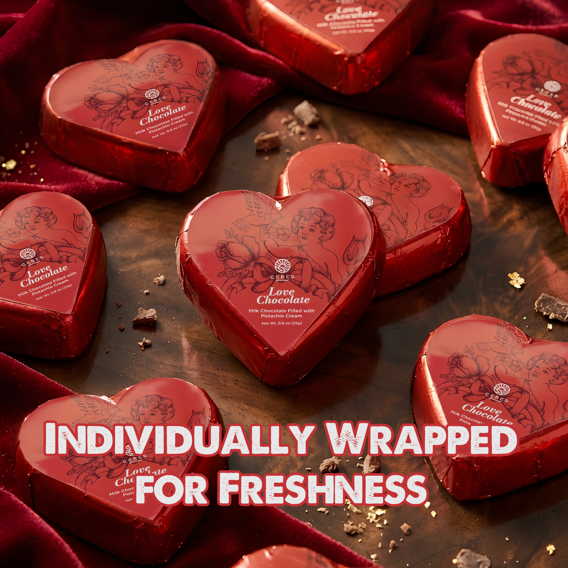 Heart-shaped red chocolates with individually wrapped design on a dark surface.