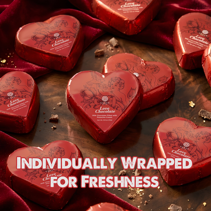 Heart-shaped red chocolates with individually wrapped design on a dark surface.