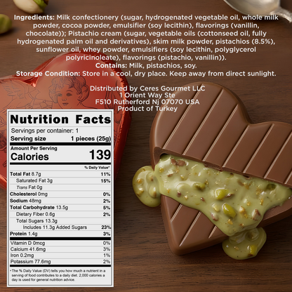 Chocolate-covered dessert with pistachio cream, nutrition facts label, and ingredient list on a wooden surface.