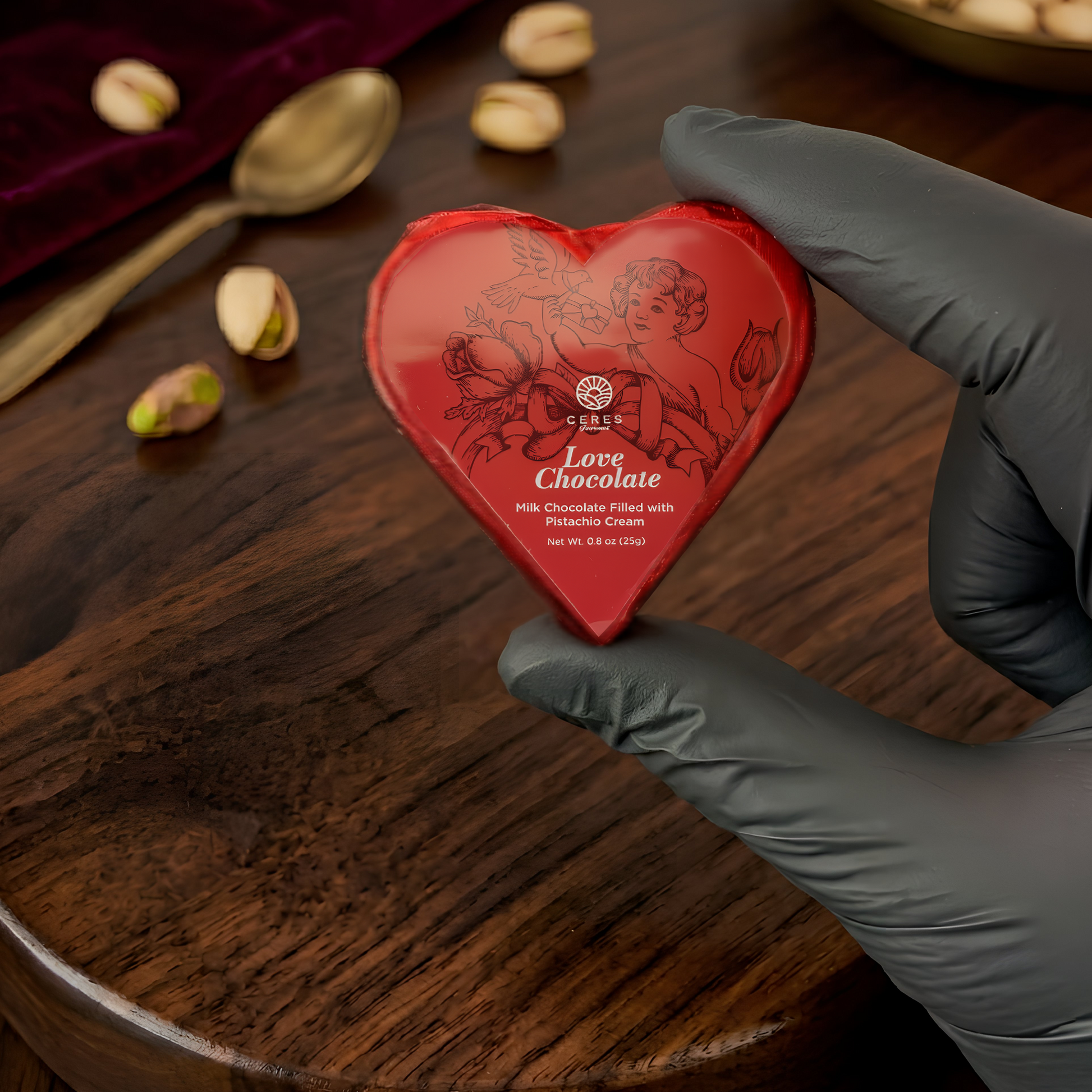 Heart-shaped dubai chocolate with a gloved hand holding it on a wooden surface.