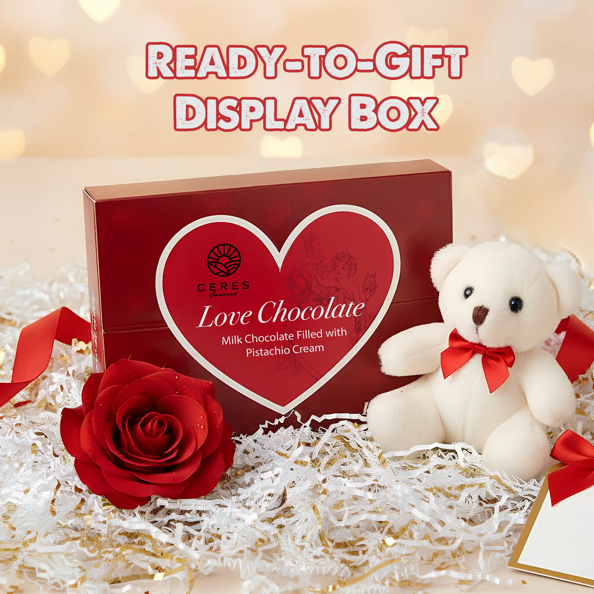 Ceres Gourmet Dubai Love Chocolate display box with a teddy bear and rose on a decorative background