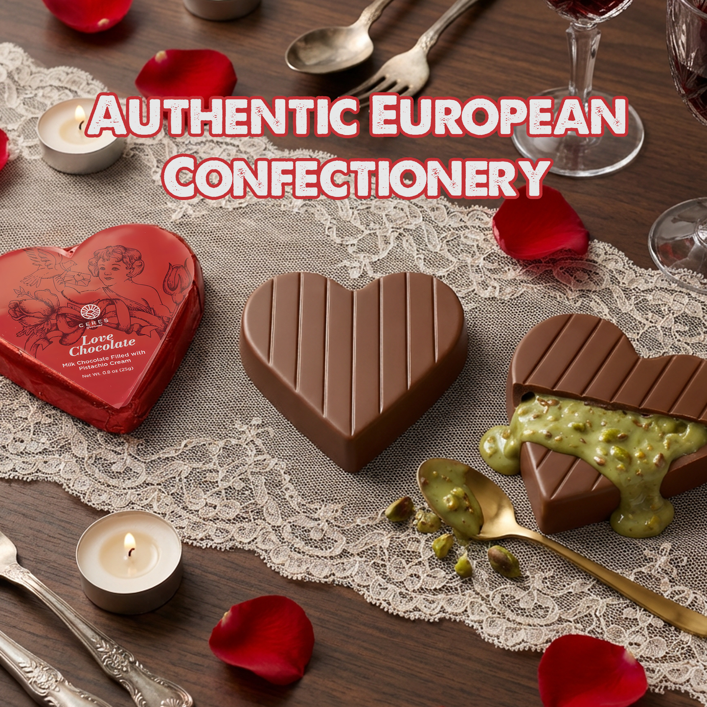 Heart-shaped chocolate bars on a lace tablecloth with candles and rose petals, labeled 'Authentic European Confectionery'.