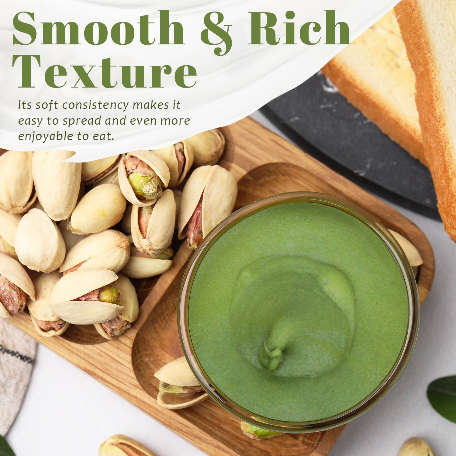 A jar of Ceres Gourmet Pistachio Filling for Dubai Chocolate (7 oz/200g) sits on a wooden board with bread slices and shelled pistachios, text overlay: Smooth & Rich Texture. Creamy and nutty, its easy to spread and delicious to enjoy.