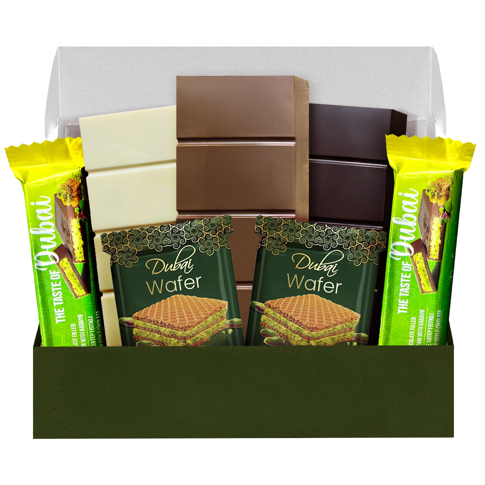 Enjoy the Ceres Gourmet Dubai Chocolate Variety Pack – a 7-piece gift box with white, milk, and dark chocolate bars, pistachio wafers, and pistachio chocolate bars—an authentic Middle Eastern chocolate delight.
