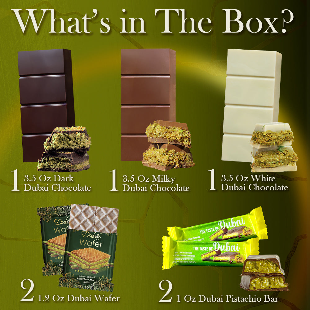 The Ceres Gourmet Dubai Chocolate Variety Pack – 7-Piece with Gift Box features dark, milk, and white chocolate bars with pistachio, two Dubai Wafer packs, and two Pistachio Bars—an ideal Middle Eastern gift set against a green background.