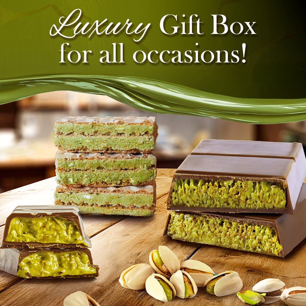 Ceres Gourmet’s Dubai Chocolate Variety Pack – 7-Piece Gift Box features layered pistachio desserts, some coated in decadent Dubai chocolate, with whole and shelled pistachios. Luxury Gift Box for all occasions!.