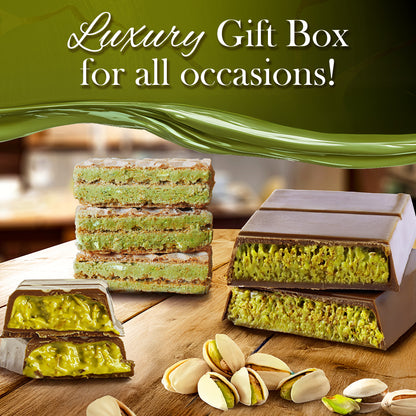 Ceres Gourmet’s Dubai Chocolate Variety Pack – 7-Piece Gift Box features layered pistachio desserts, some coated in decadent Dubai chocolate, with whole and shelled pistachios. Luxury Gift Box for all occasions!.