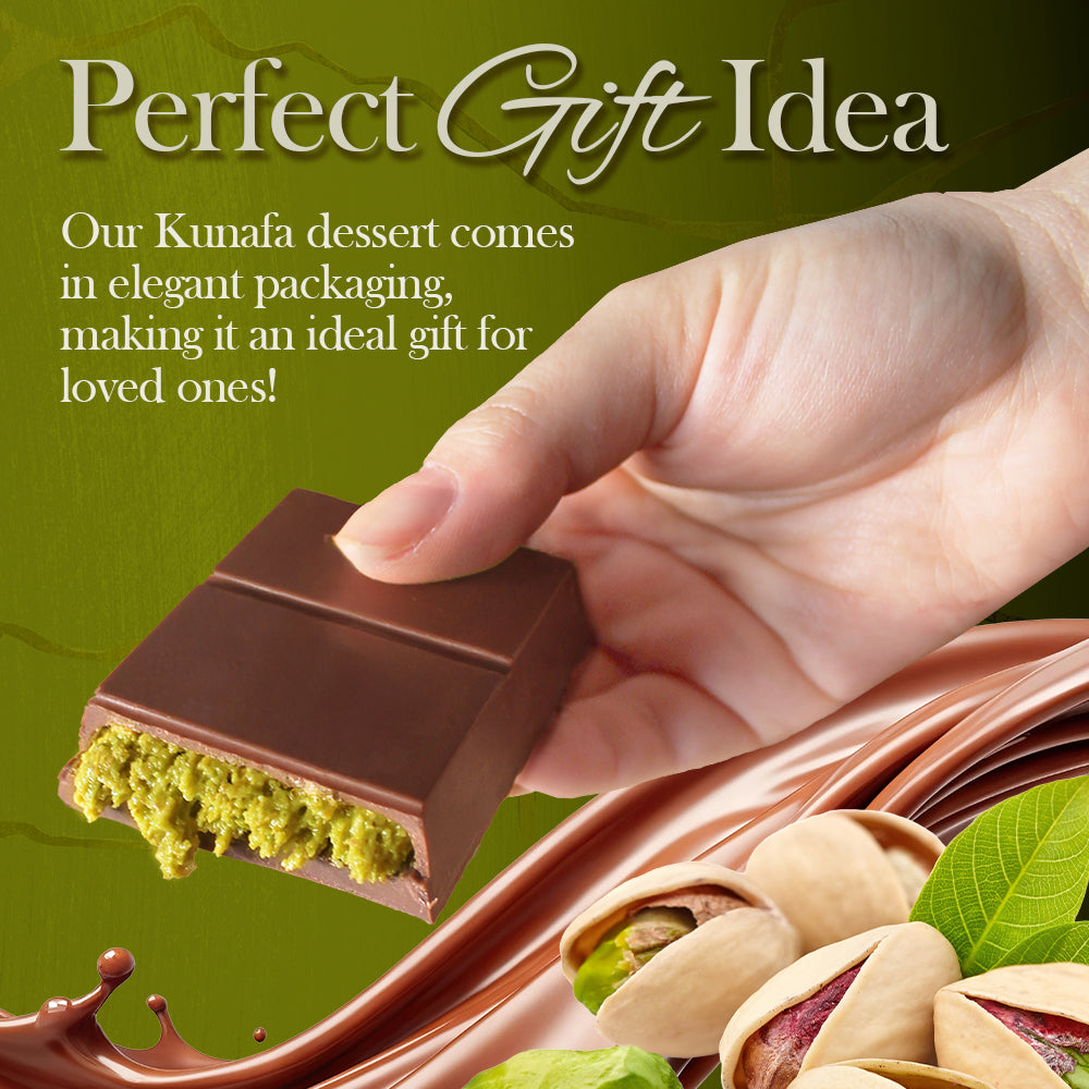 A hand holds a chocolate square with green filling above swirling chocolate and pistachios. Text reads: Perfect Gift Idea. Ceres Gourmet Dubai Chocolate Variety Pack – 7-Piece comes in an elegant gift box, ideal for loved ones!.