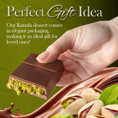 A hand holds a chocolate square with green filling above swirling chocolate and pistachios. Text reads: Perfect Gift Idea. Ceres Gourmet Dubai Chocolate Variety Pack – 7-Piece comes in an elegant gift box, ideal for loved ones!.