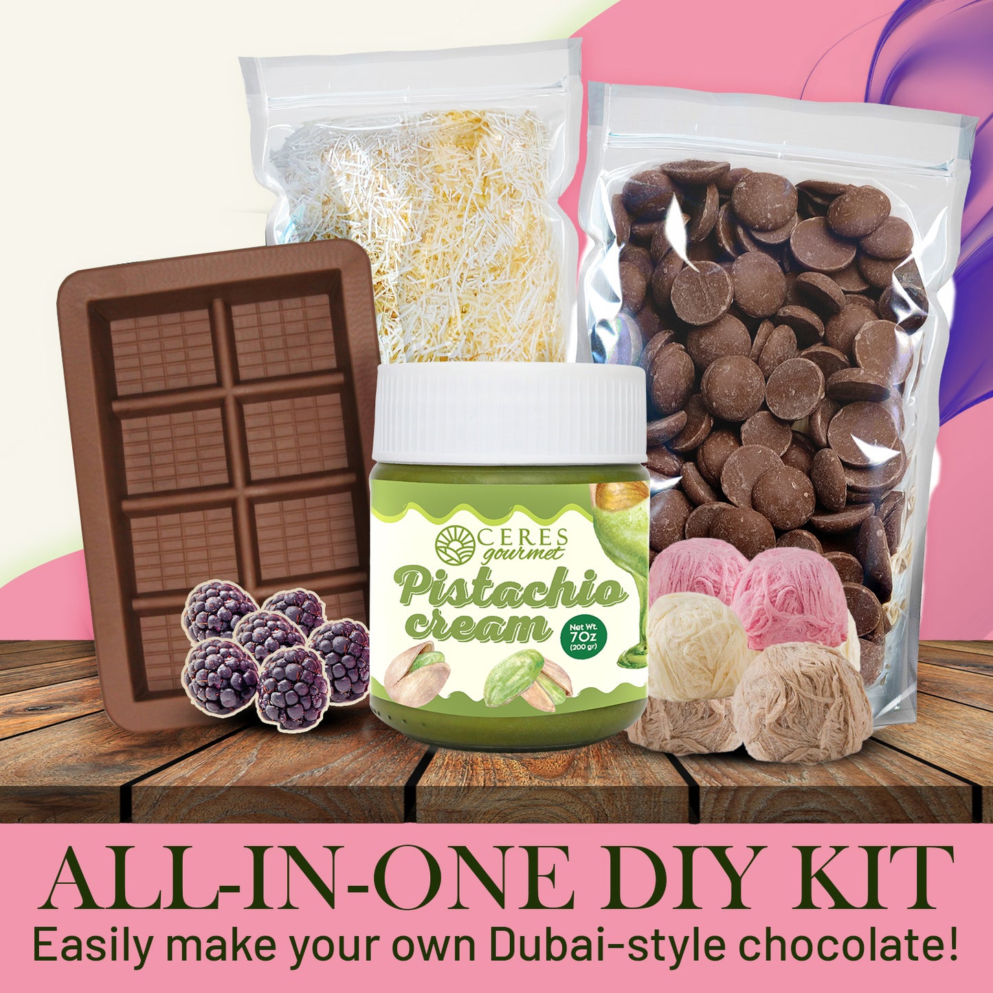 The Ceres Gourmet DIY Angel Hair Dubai Chocolate Bar Set includes a chocolate mold, pistachio cream, chocolate buttons, shredded pişmaniye topping, and fruit sweets. Enjoy this all-in-one kit for a fun family dessert activity!.
