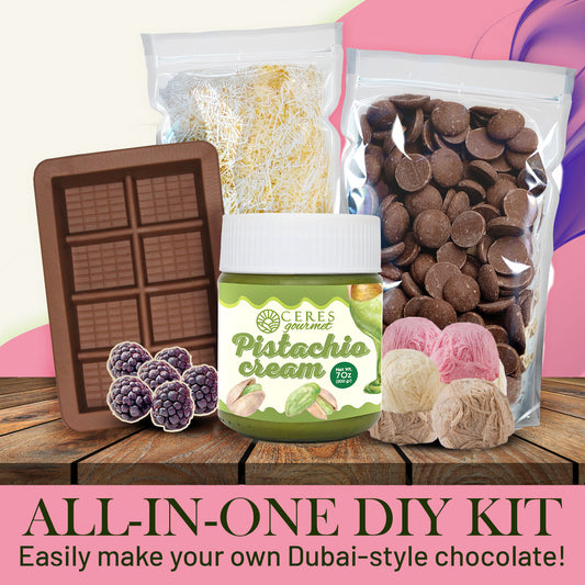 The Ceres Gourmet DIY Angel Hair Dubai Chocolate Bar Set includes a chocolate mold, pistachio cream, chocolate buttons, shredded pişmaniye topping, and fruit sweets. Enjoy this all-in-one kit for a fun family dessert activity!.