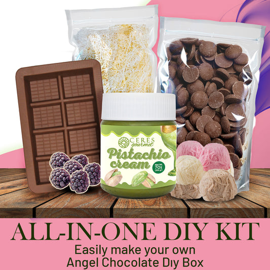 Ceres Gourmet’s Angel Hair Dubai Chocolate DIY Set includes pistachio cream, Turkish pişmaniye, chocolate pieces, vermicelli, a mold, and assorted sweets—complete with product name and instructions at the bottom.