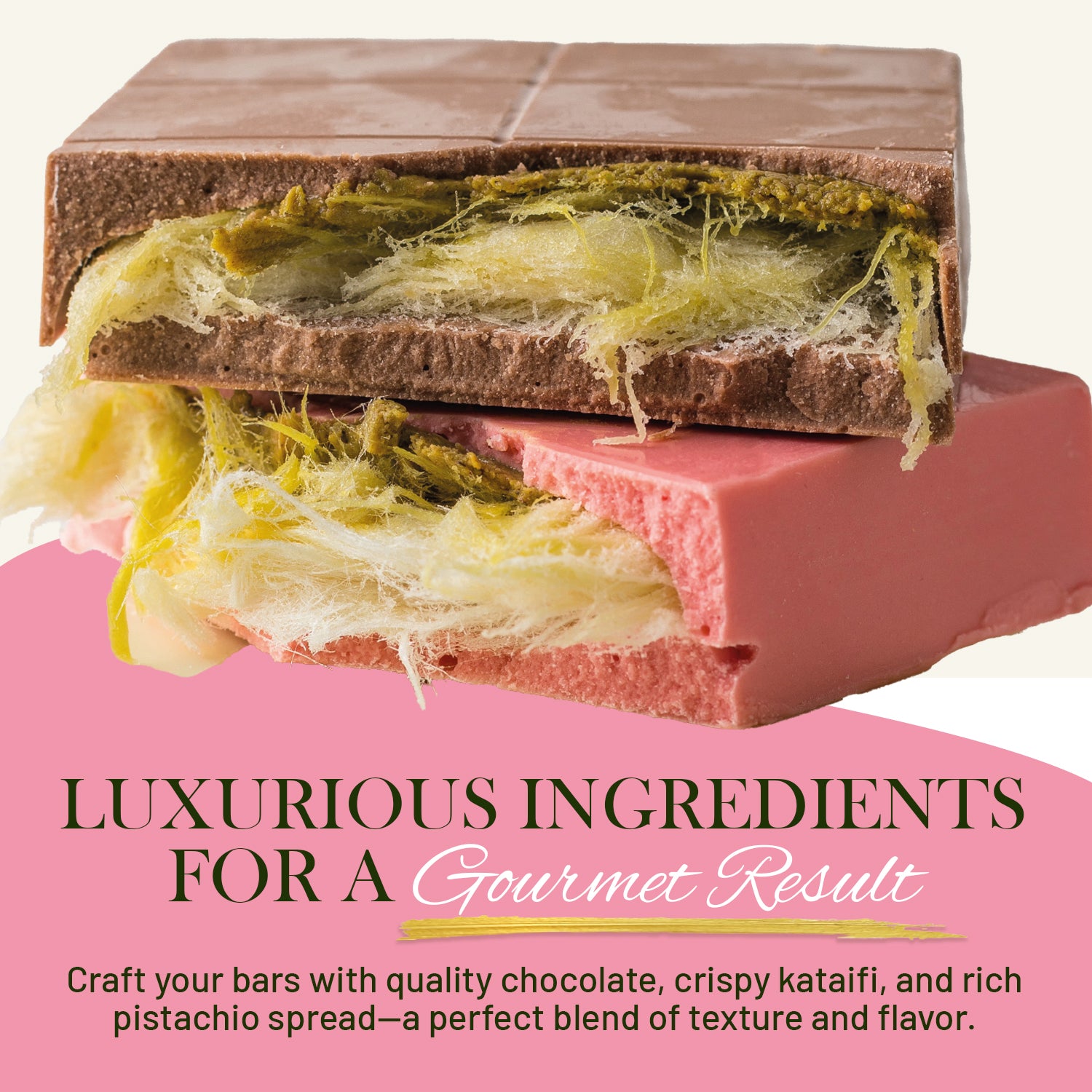 Ceres Gourmet’s DIY Angel Hair Dubai Chocolate Bar Set features milk and pink bars layered with crispy pişmaniye and pistachio chocolate cream—a gourmet treat blending textures and flavors, perfect for fun family or viral dessert activities.