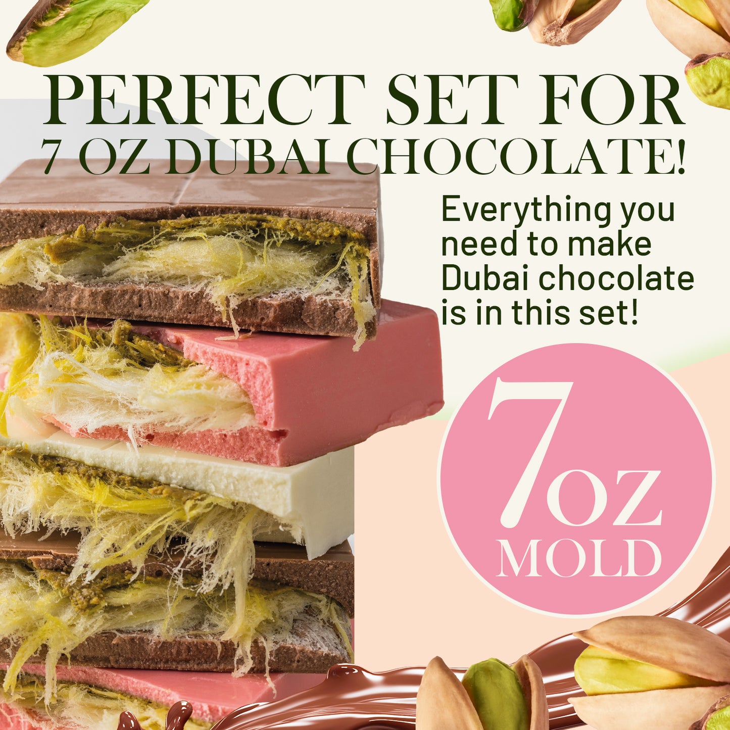 A promotional image for the Ceres Gourmet DIY Angel Hair Dubai Chocolate Bar Set (7 oz), featuring pistachio cream, assorted fillings, and pişmaniye, highlights that this fun kit includes everything needed for a viral dessert activity.