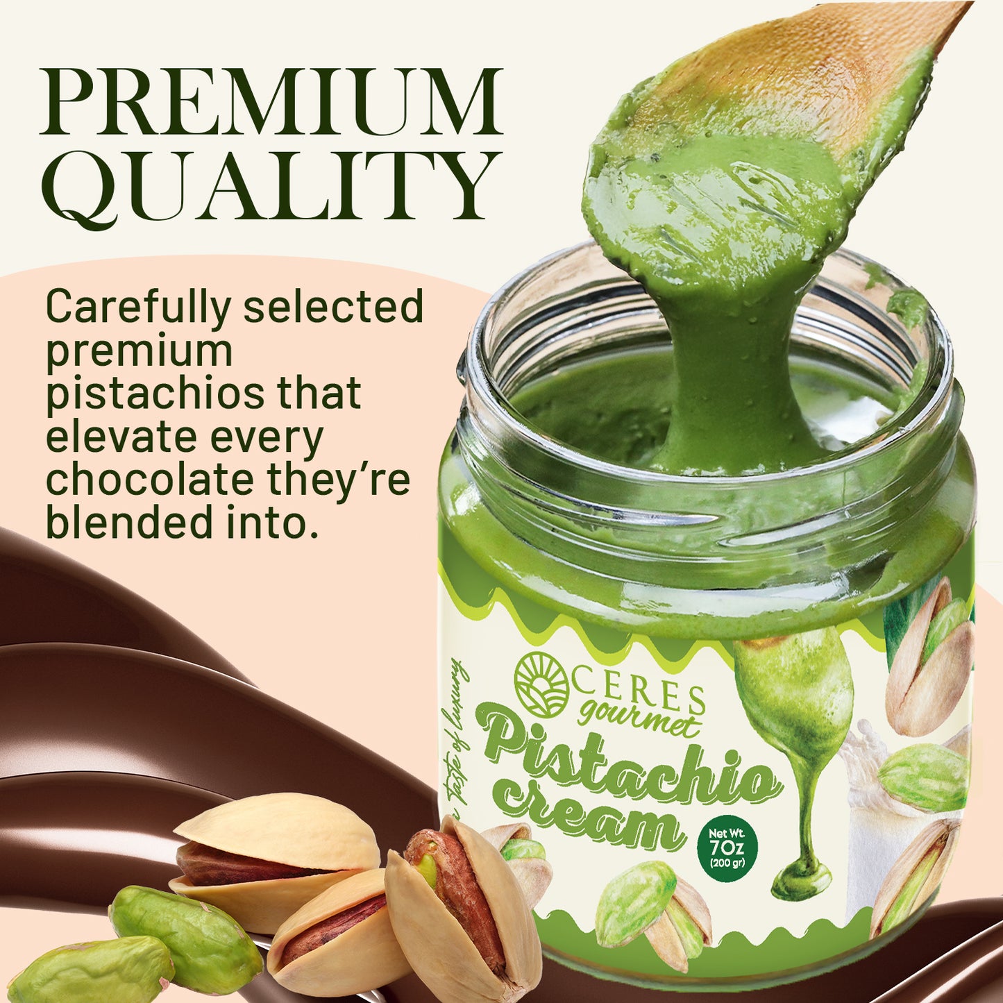 A jar of Ceres Gourmet DIY Angel Hair Dubai Chocolate Bar Set - Pistachio Cream & Pişmaniye is shown with a wooden spoon scooping out green pistachio cream. Pistachios are beside the jar. Premium Quality—perfect for fun family or viral dessert activities.