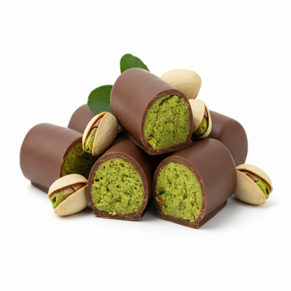 Chocolate-dipped pistachio cookies with packaging and a close-up of the cookies' interior.