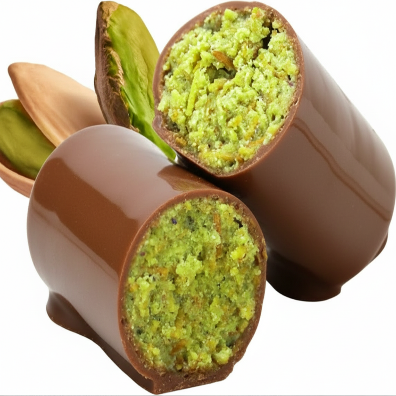Chocolate-dipped pistachio cookies with packaging and a close-up of the cookies' interior.