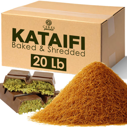 A large box labeled Ceres Gourmet Baked Kataifi 10-20-45 Lb sits behind a pile of baked kataifi pastry and two chocolate-covered, green-filled desserts—ideal for adding a unique touch to chocolate desserts.