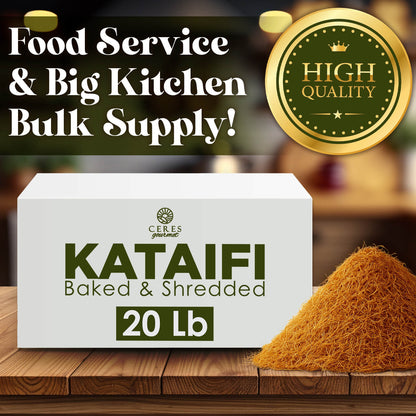 A 20-lb box of Ceres Gourmet Baked Kataifi sits on a wooden table beside a mound of shredded kataifi pastry—ideal for topping chocolate desserts. Gold High Quality badge and text: Food Service & Big Kitchen Bulk Supply!.