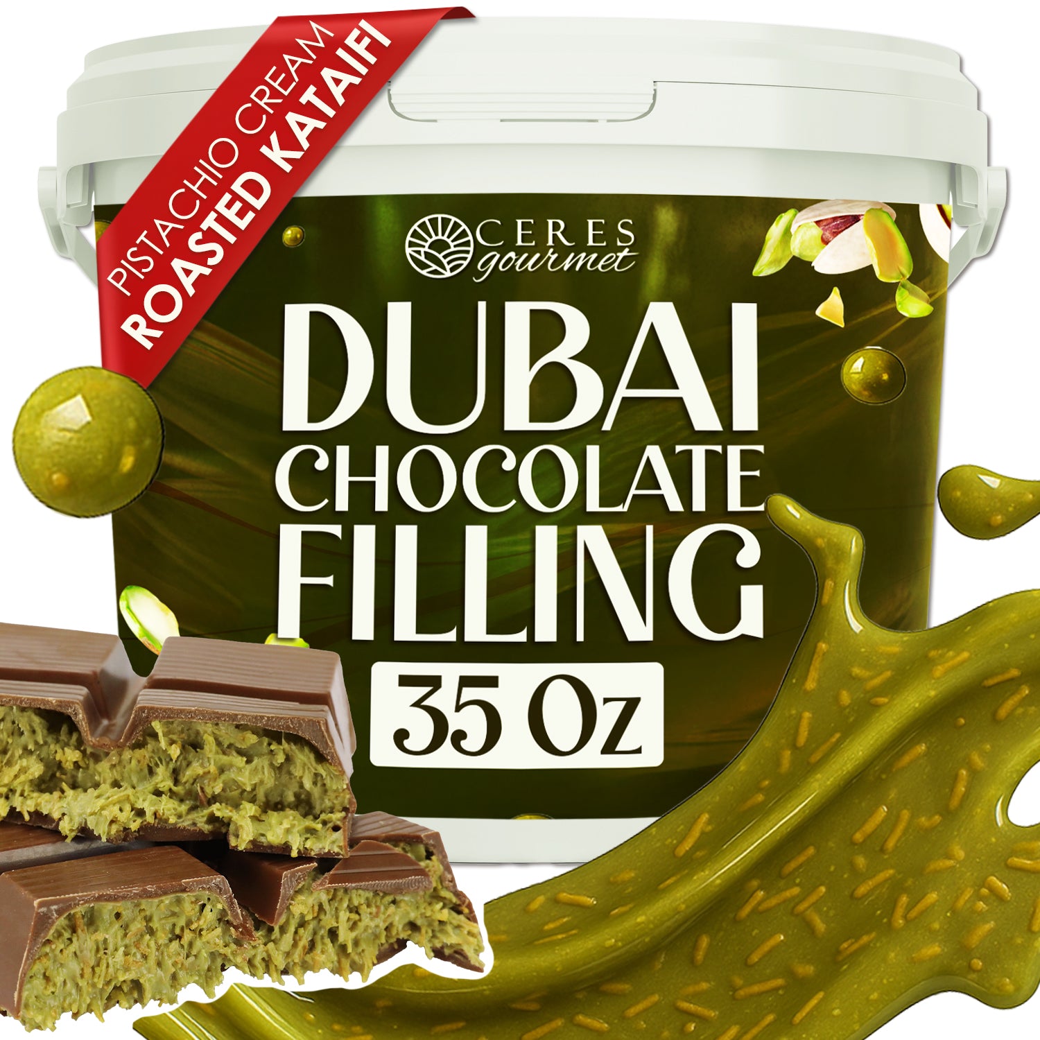 Ceres Gourmet Dubai Chocolate Filling container with chocolate bars and pistachio pieces.