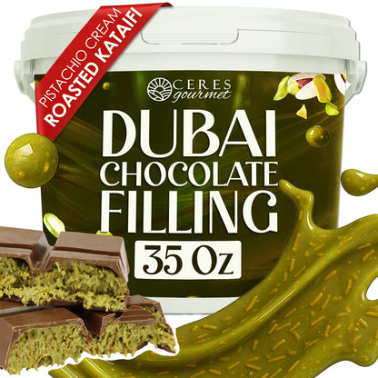 Ceres Gourmet Dubai Chocolate Filling container with chocolate bars and pistachio pieces.