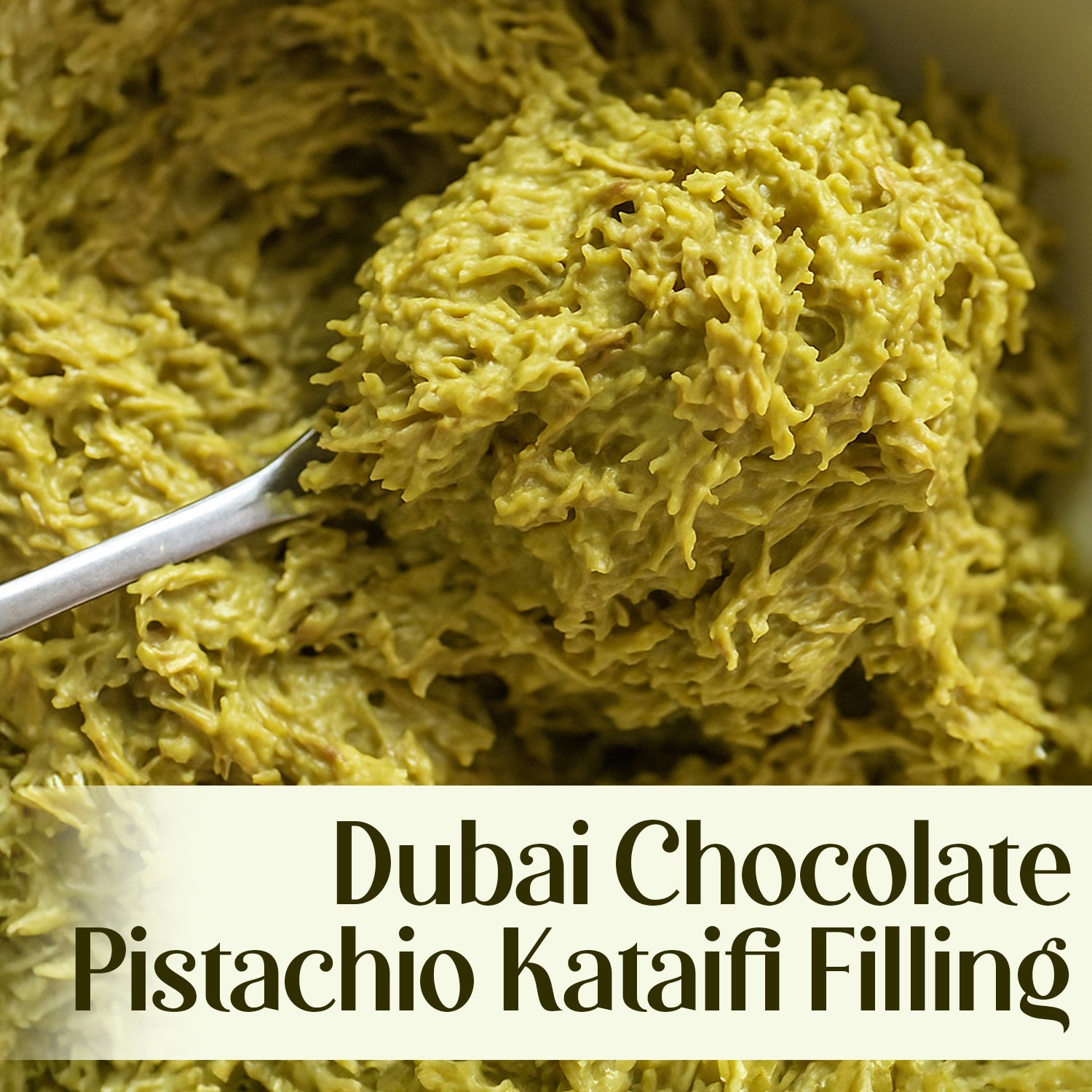 A close-up of a spoon scooping textured green Pistachio Filling for Dubai Chocolate – 2.2 lb by Ceres Gourmet, labeled at the bottom—ideal for luxurious kataifi desserts.
