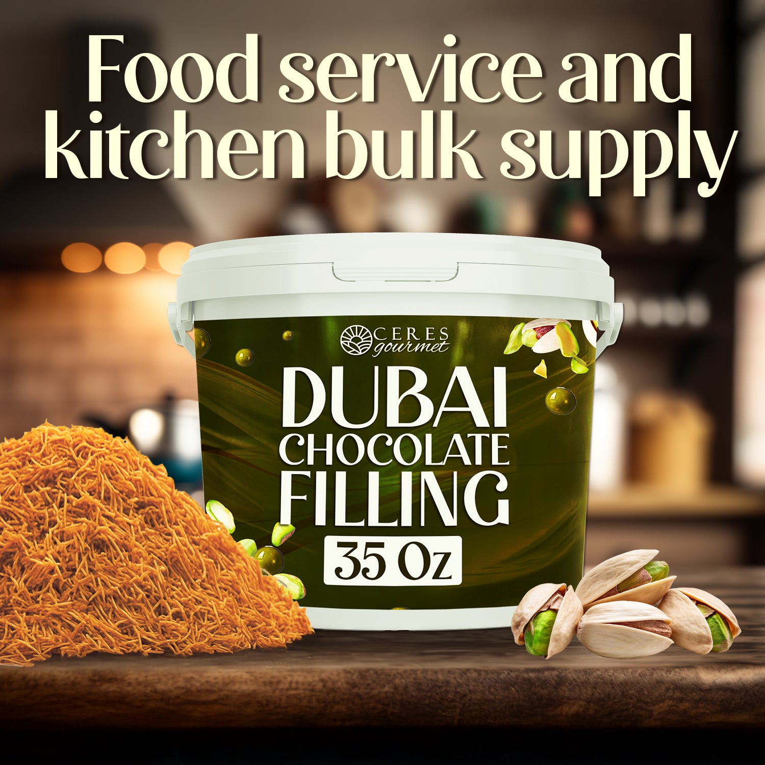 A 2.2 lb tub of Ceres Gourmet Pistachio Filling for Dubai Chocolate sits on a kitchen counter with shredded pastry and pistachios, ideal for rich kataifi desserts or elevating your food service and kitchen bulk supply.