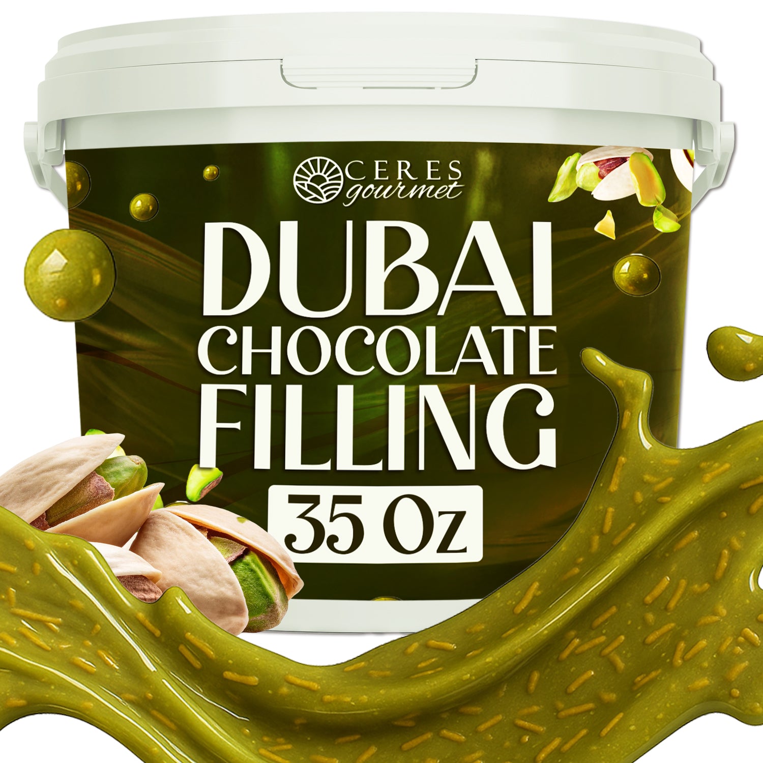 A white tub labeled “Pistachio Filling for Dubai Chocolate – 2.2 lb” by Ceres Gourmet, with green pistachio filling and whole pistachios in the foreground—ideal for rich kataifi creations.