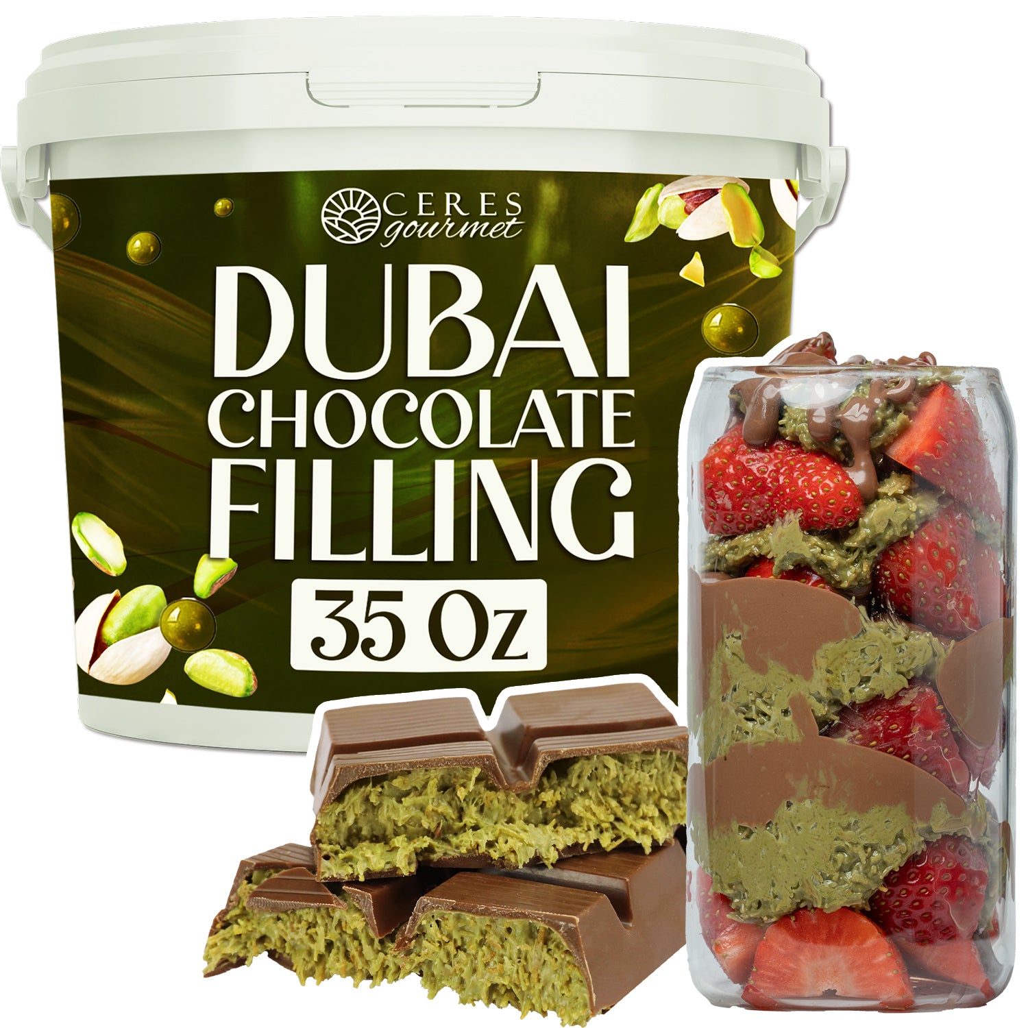 A 2.2 lb tub of Ceres Gourmet Pistachio Filling for Dubai Chocolate sits beside pistachio-filled, chocolate-covered bars and a dessert jar layered with chocolate, strawberries, and green cream—ideal for kataifi desserts or your favorite Dubai chocolate bar.