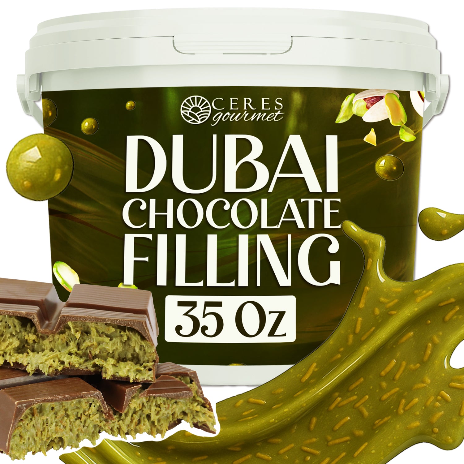 A 2.2 lb tub of Ceres Gourmet Pistachio Filling for Dubai Chocolate featuring a green pistachio blend, floating pistachios, and cross-sections of chocolate bars revealing rich pistachio filling inside.