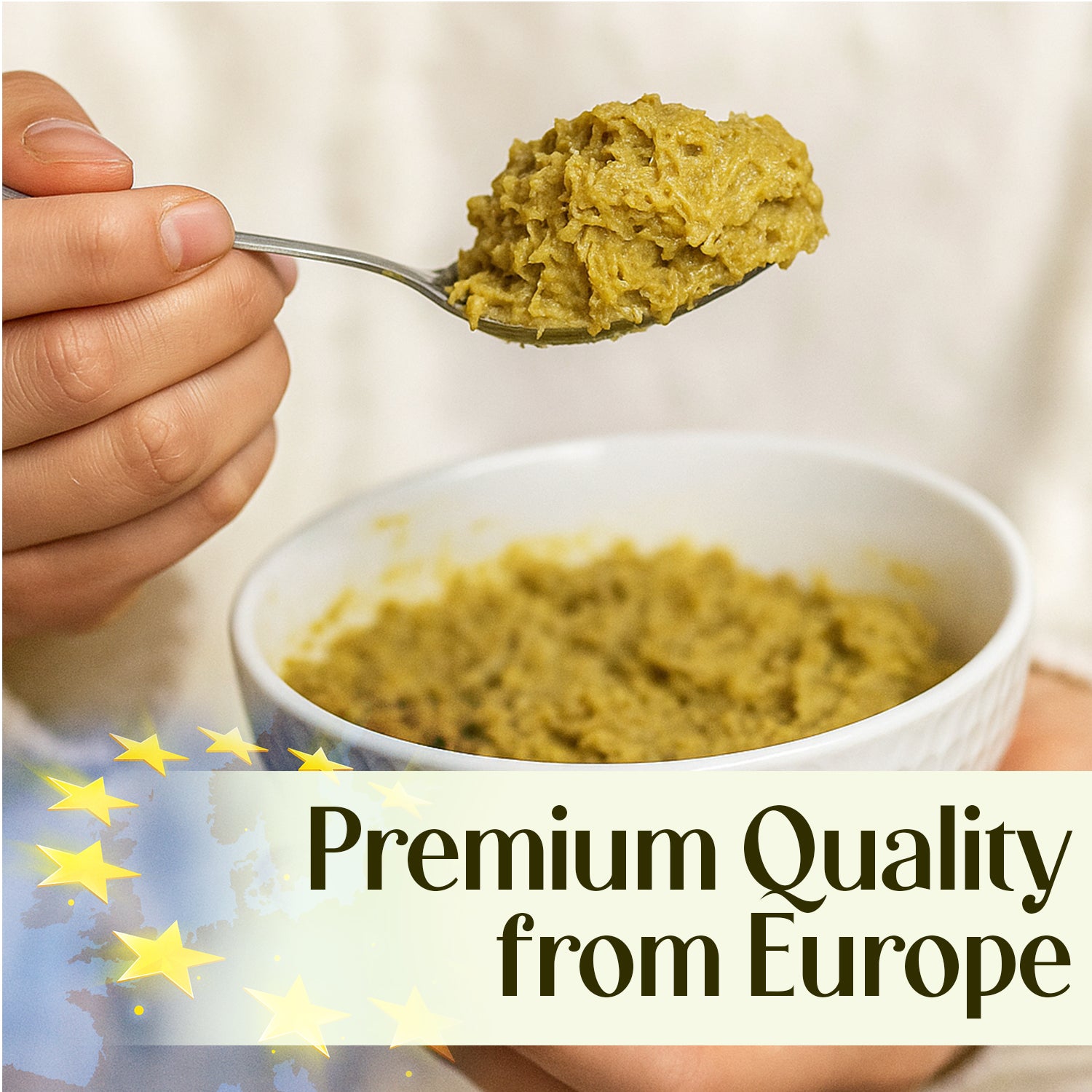 A hand holds a spoonful of greenish-brown Ceres Gourmet Pistachio Filling for Dubai Chocolate – 2.2 lb above a white bowl, with Premium Quality from Europe text and a partial EU flag in the corner.