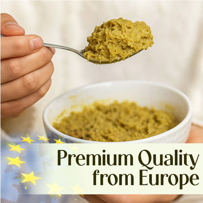 A hand holds a spoonful of greenish-brown Ceres Gourmet Pistachio Filling for Dubai Chocolate – 2.2 lb above a white bowl, with Premium Quality from Europe text and a partial EU flag in the corner.