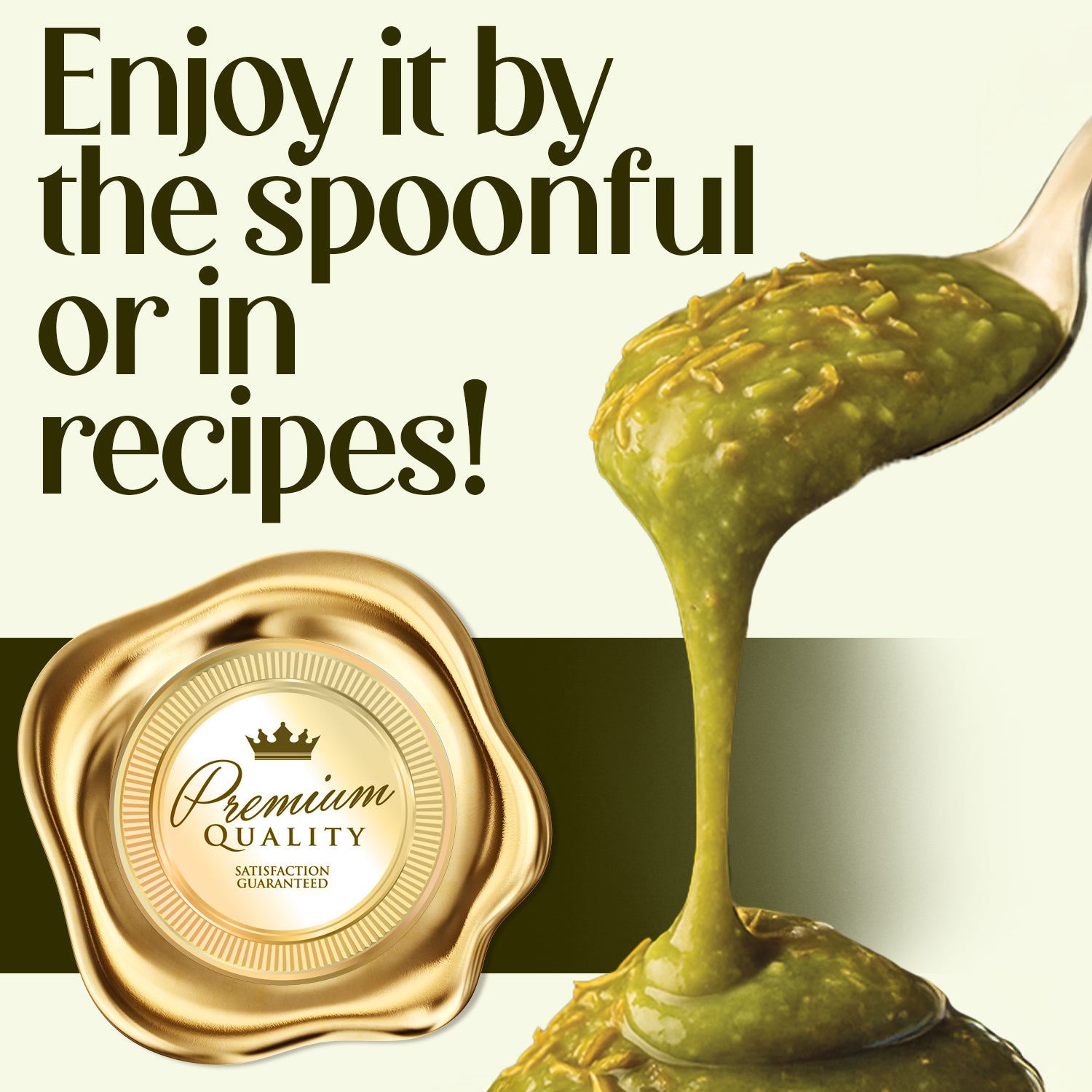 A spoonful of Ceres Gourmet Pistachio Filling for Dubai Chocolate – 2.2 lb is poured, ideal for desserts or recipes. Text: Enjoy it by the spoonful or in recipes! A gold seal reads Premium Quality Satisfaction Guaranteed.