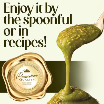 A spoonful of Ceres Gourmet Pistachio Filling for Dubai Chocolate – 2.2 lb is poured, ideal for desserts or recipes. Text: Enjoy it by the spoonful or in recipes! A gold seal reads Premium Quality Satisfaction Guaranteed.
