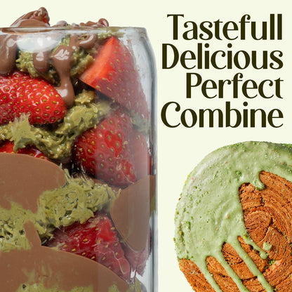 A glass layered with strawberries, Ceres Gourmet Pistachio Filling for Dubai Chocolate (2.2 lb), and chocolate sits beside a matcha dessert. The text reads: Tastefull Delicious Perfect Combine.