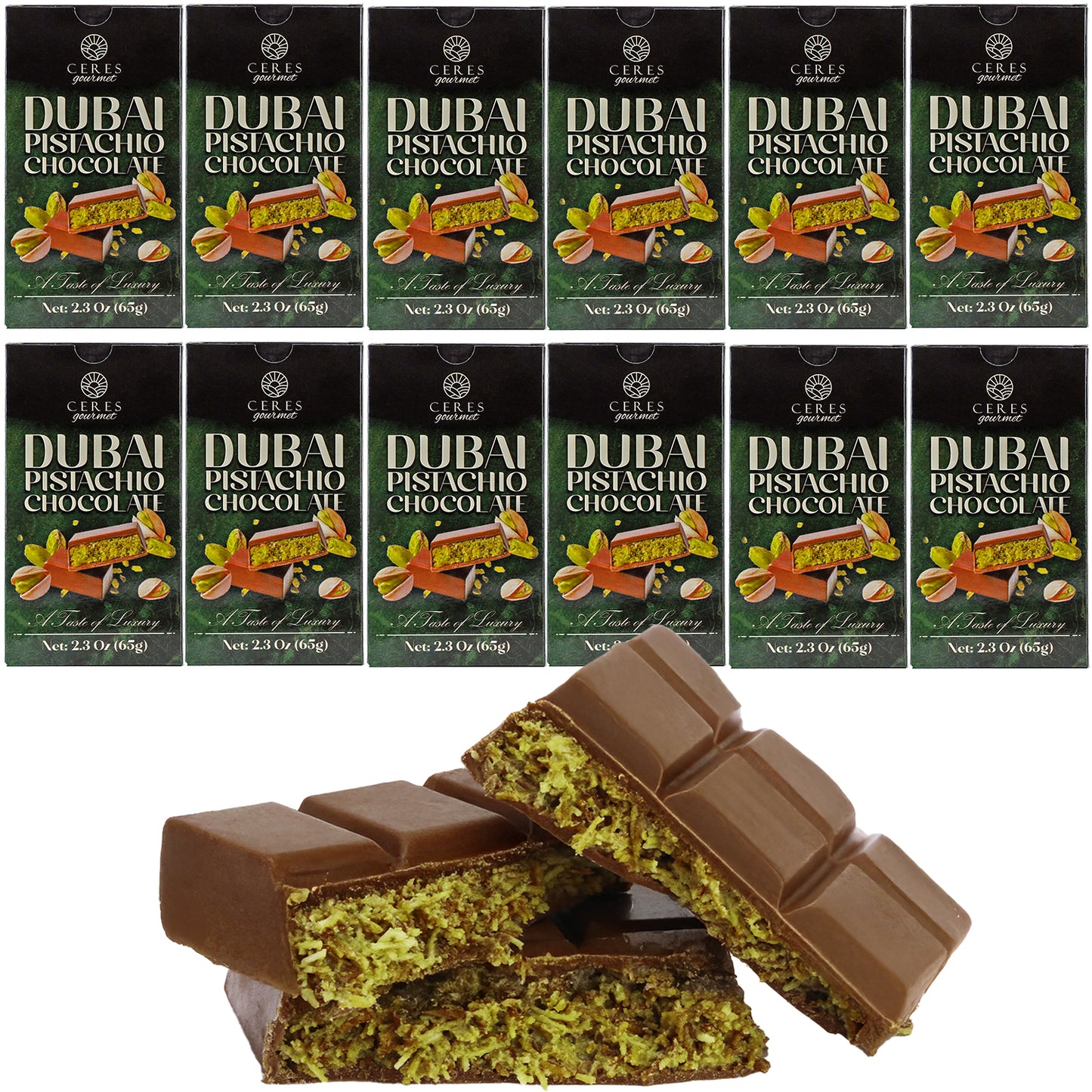 Twelve Ceres Gourmet Dubai Chocolate Bars (3-12-24-Pack, 2.3 oz each) are arranged in rows above a close-up of two unwrapped bars, one broken open to reveal the rich green pistachio filling inside.