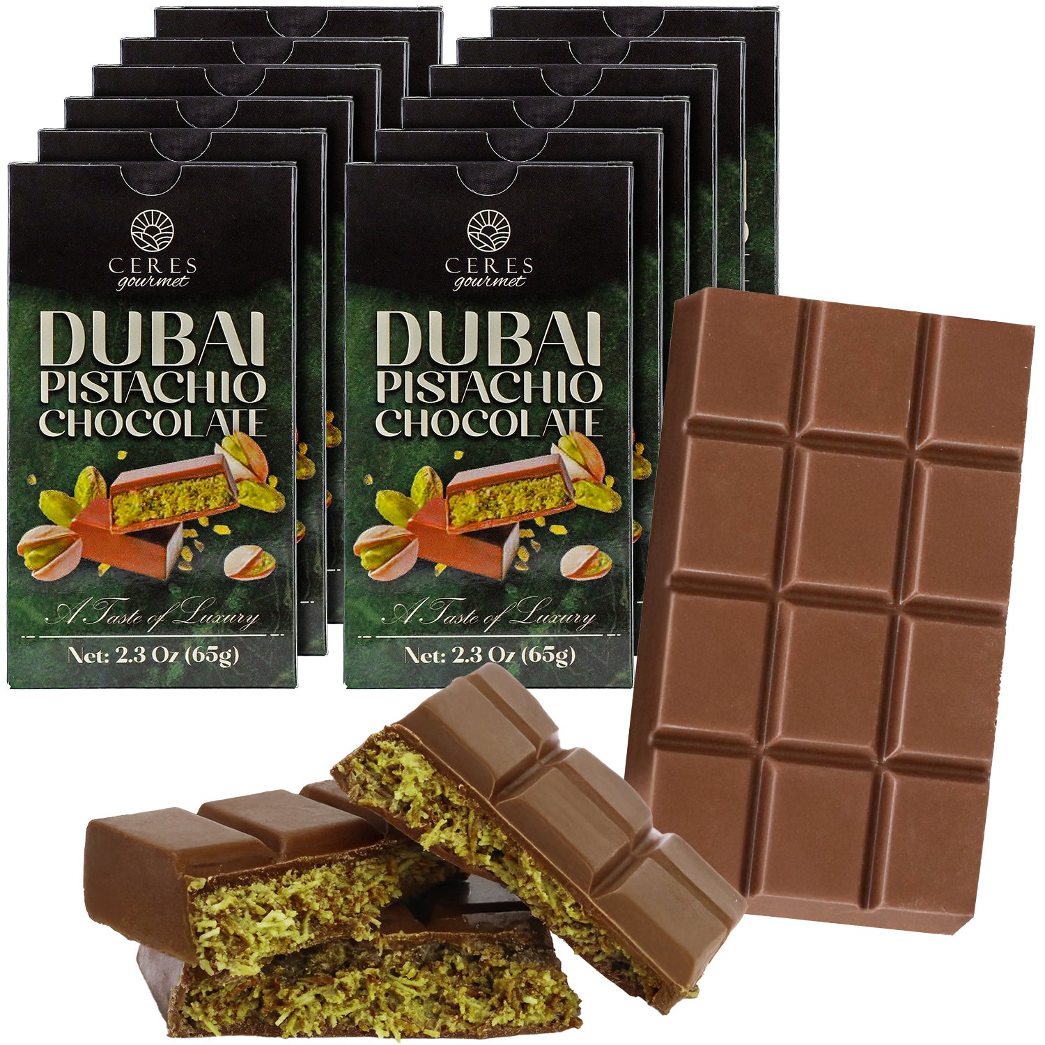 Ceres Gourmet Dubai Chocolate Bar 3-12-24-Pack (2.3 oz each) is displayed, with some bars unwrapped to reveal smooth milk chocolate and vibrant pistachio-filled centers—a delicious Dubai indulgence.