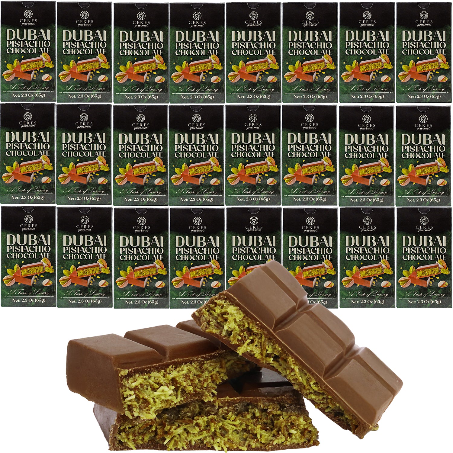 Several Ceres Gourmet Dubai Chocolate Bars (3-12-24-Pack, 2.3 oz each) are arranged in rows, with two unwrapped bars in front displaying a green pistachio filling inside this luxurious chocolate treat.