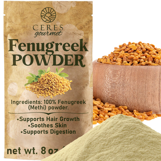 Ceres Gourmet Fenugreek Powder packaging with fenugreek seeds and powder on a white background