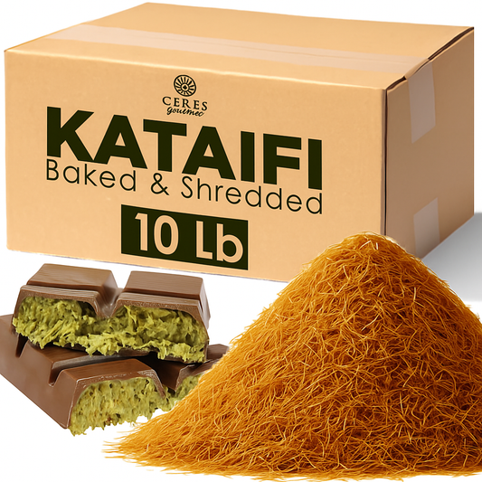 A box labeled Ceres Gourmet Baked Kataifi 10-20-45 Lb sits behind golden-brown baked kataifi and chocolate desserts filled with green pistachio cream.